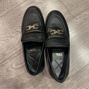 Zara Black and Gold Slip-On Loafers